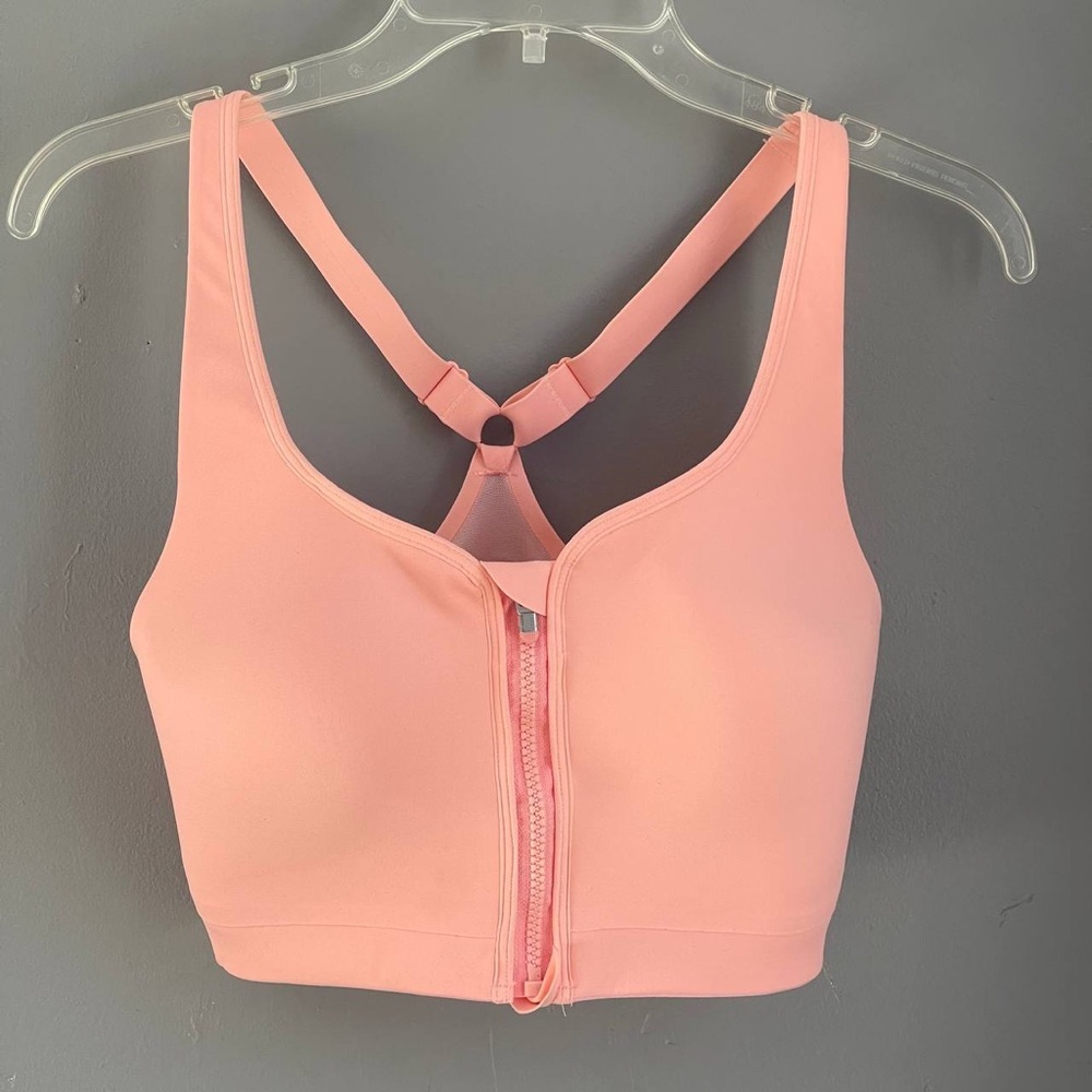 NWOT ATHLETA Advance Zip Front Bra Sz‎ 34DD Peach Orange Sporty Activewear Edgy